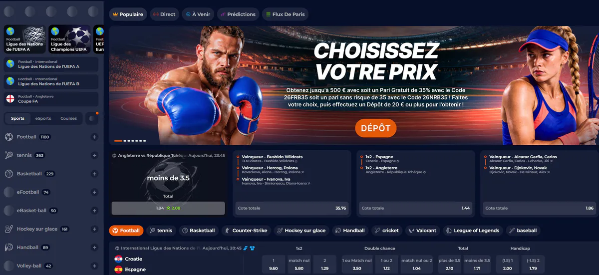 Nine Casino paris sportifs avec football, tennis, basketball, esports et cotes en direct